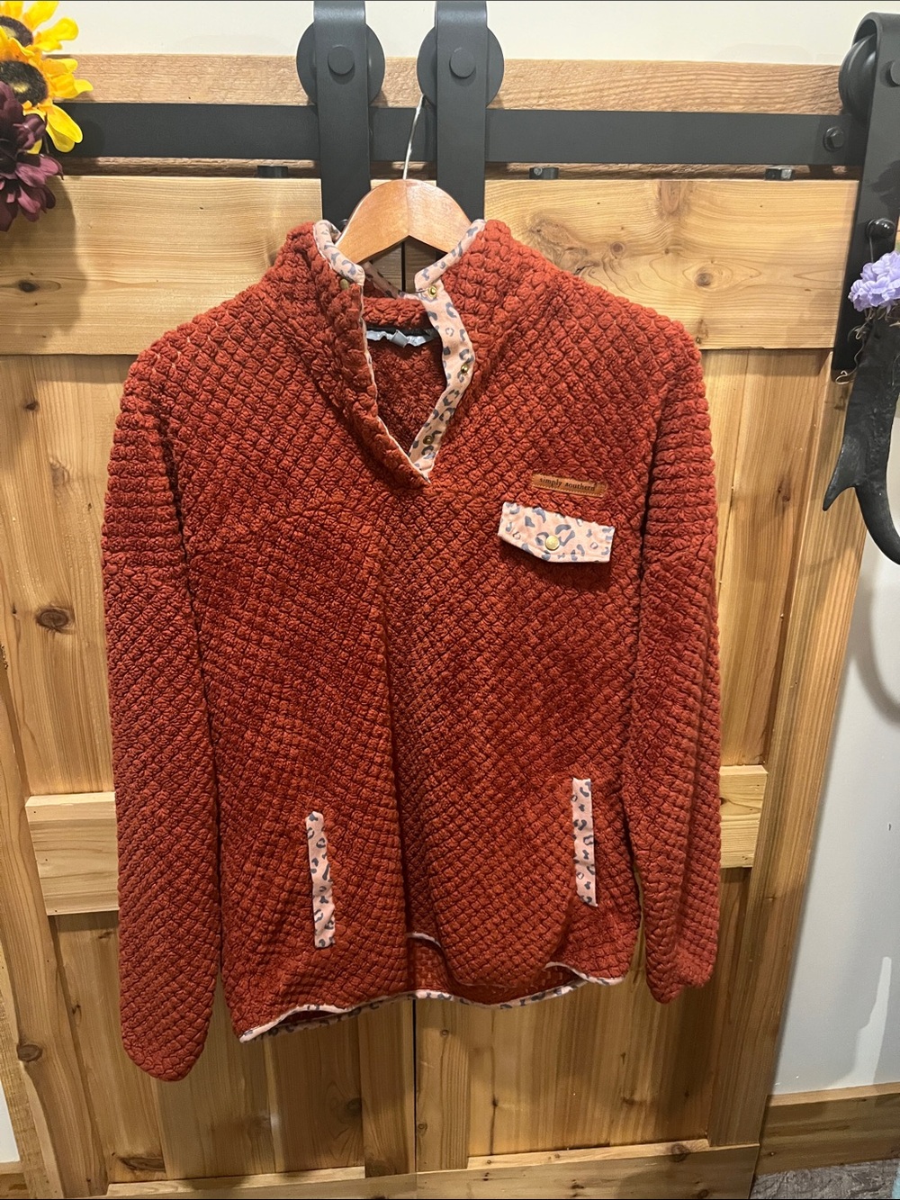 Simply Southern Rust Quilted Pullover with Leopard Trim